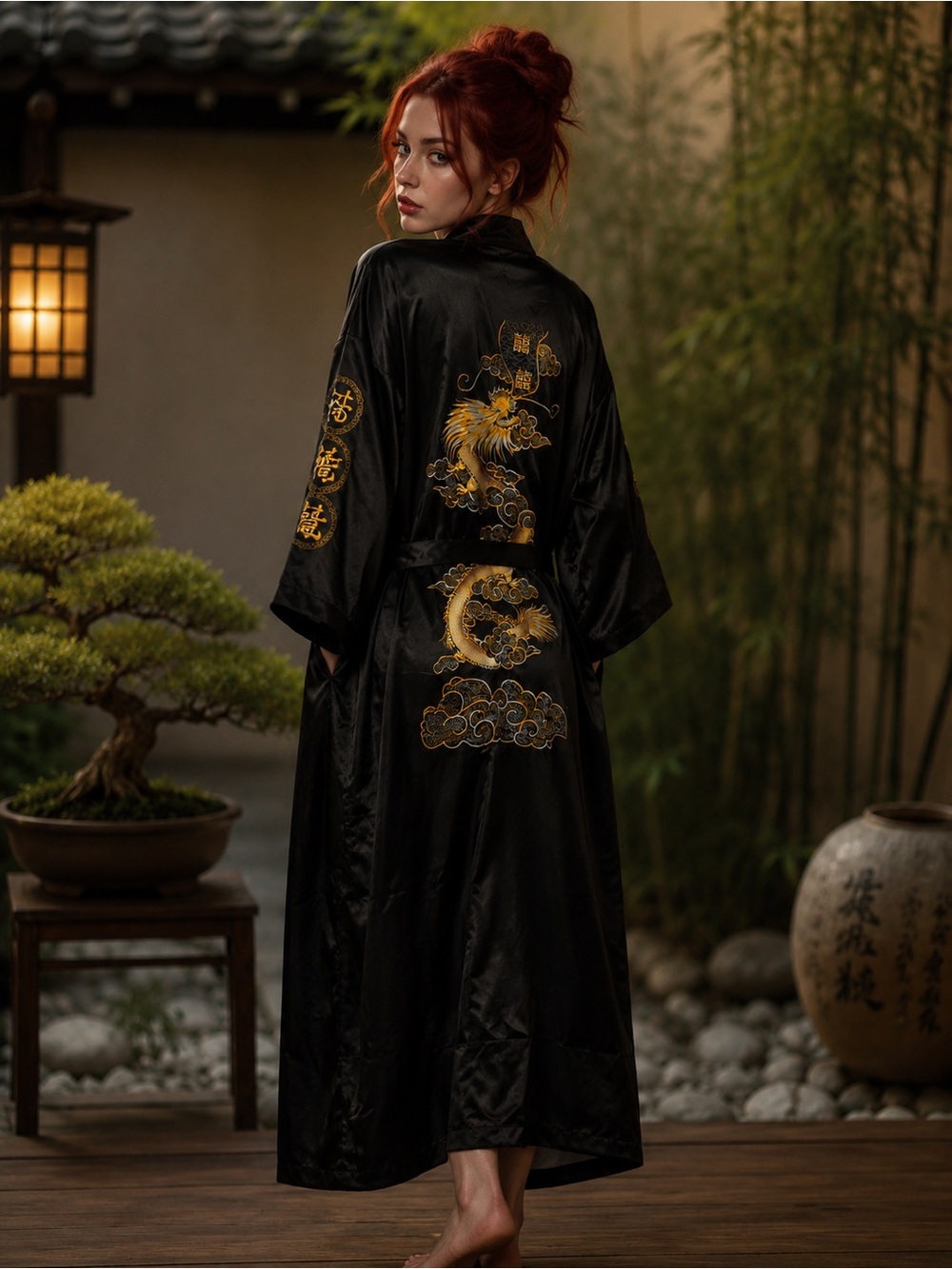 Black Dragon Embroidered Kimono Robe, Asian Inspired Lounge Robe